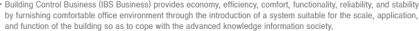 Building Control Business (IBS Business) provides economy, efficiency, comfort, functionality, reliability, and stability by furnishing comfortable office environment through the introduction of a system suitable for the scale, application, and function of the building so as to cope with the advanced knowledge information society.