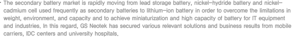 The secondary battery market is rapidly moving from lead storage battery, nickel-hydride battery and nickel-cadmium cell used frequently as secondary batteries to lithium-ion battery in order to overcome the limitations in weight, environment, and capacity and to achieve miniaturization and high capacity of battery for IT equipment and industries. In this regard, GS Neotek has secured various relevant solutions and business results from mobile carriers, IDC centers and university hospitals.