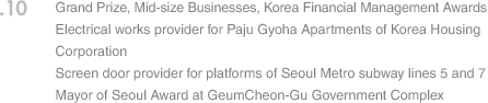 10. Grand Prize, Mid-size Businesses, Korea Financial Management Awards Electrical works provider for Paju Gyoha Apartments of Korea Housing Corporation Screen door provider for platforms of Seoul Metro subway lines 5 and 7 Mayor of Seoul Award at GeumCheon-Gu Government Complex