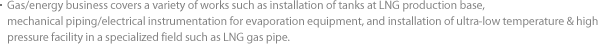 Gas/energy business covers a variety of works such as installation of tanks at LNG production base, mechanical piping/electrical instrumentation for evaporation equipment, and installation of ultra-low temperature & high pressure facility in a specialized field such as LNG gas pipe.