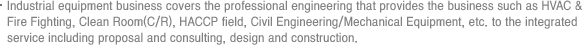 Industrial equipment business covers the professional engineering that provides the business such as HVAC & Fire Fighting, Clean Room(C/R), HACCP field, Civil Engineering/Mechanical Equipment, etc. to the integrated service including proposal and consulting, design and construction.