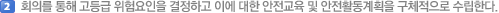 회의를 통해 고등급 위험요인을 결정하고 이에 대한 안전교육 및 안전활동계획을 구체적으로 수립한다.