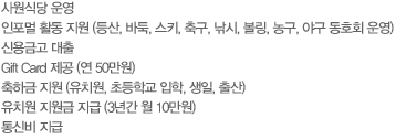 사원식당 운영. 인포멀 활동 지원 (등산, 바둑, 스키, 축구, 낚시, 볼링, 농구, 야구 동호회 운영). 신용금고 대출. Gift Card 제공 (연 50만원). 장기근속 포상. 축하금 지원 (유치원, 초등학교 입학, 생일)
